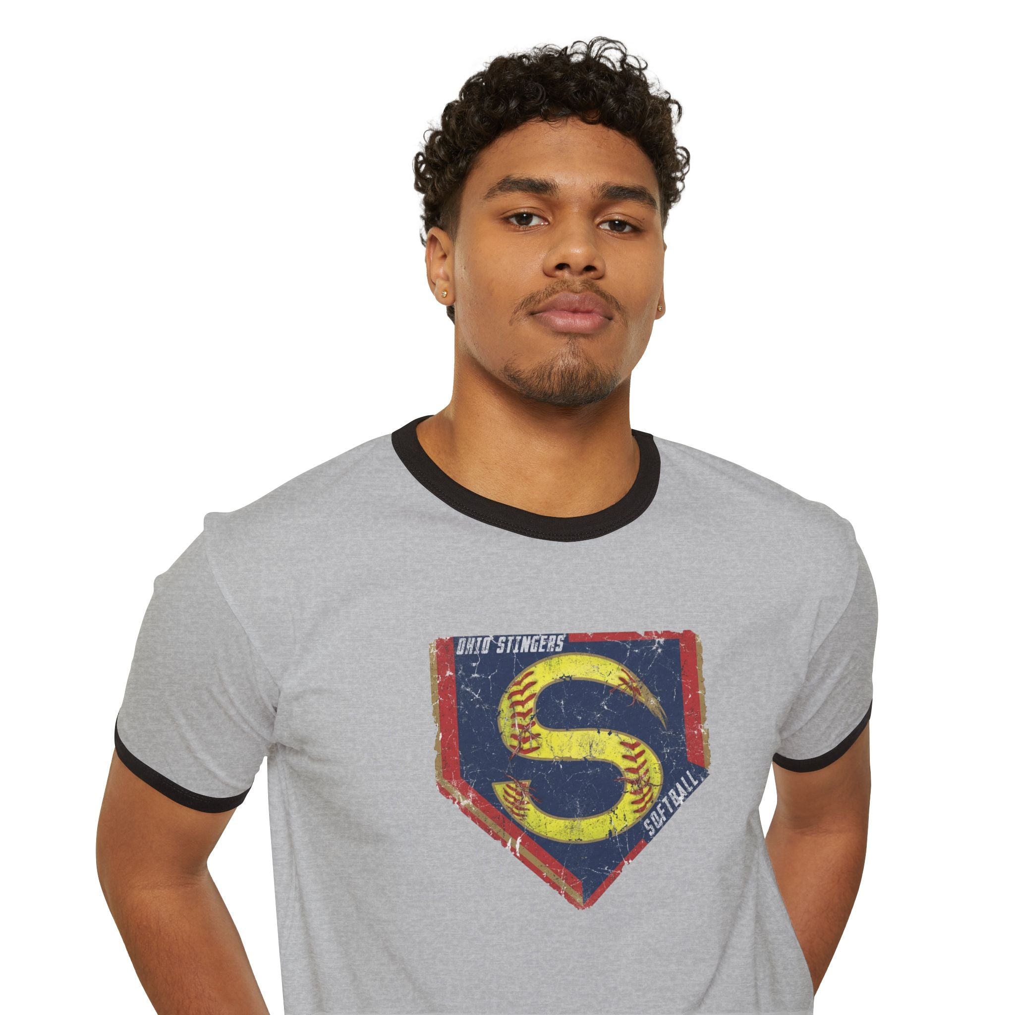 Adult Unisex Stingers Softball Distressed Logo Graphic Short Sleeve Ringer Tee