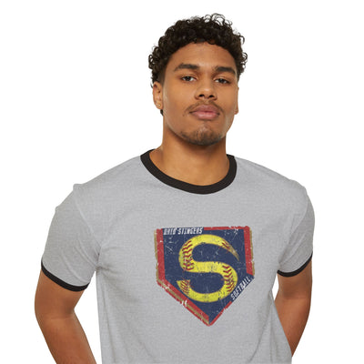Adult Unisex Stingers Softball Distressed Logo Graphic Short Sleeve Ringer Tee