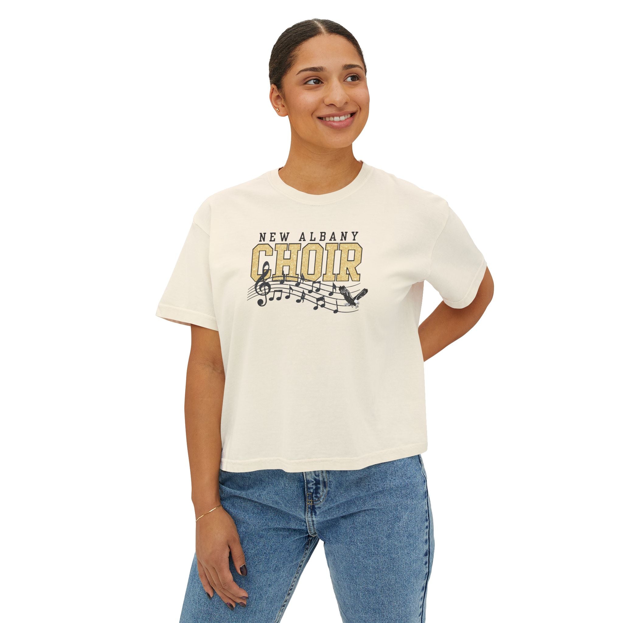 Women's New Albany Choir Digital Glitter Graphic Boxy Crop Short Sleeve Tee