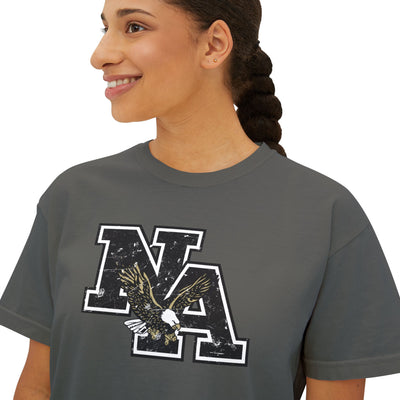 Women's Vintage Distressed Black Logo Boxy Crop Short Sleeve Graphic Tee