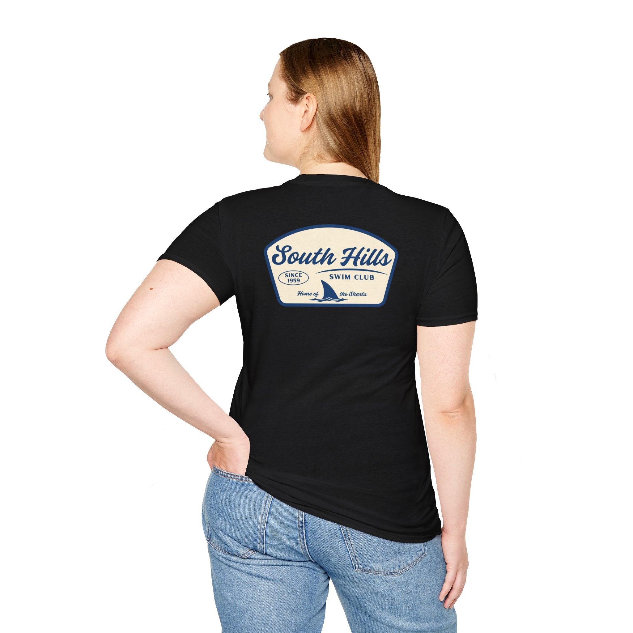 Adult Unisex South Hills Swim Club Home of the Sharks Graphic Short Sleeve Gildan Softstyle Tee