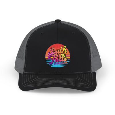 Adult Unisex South Hills Swim Club Sunset Script Graphic Richardson 112 Snapback Trucker Hat