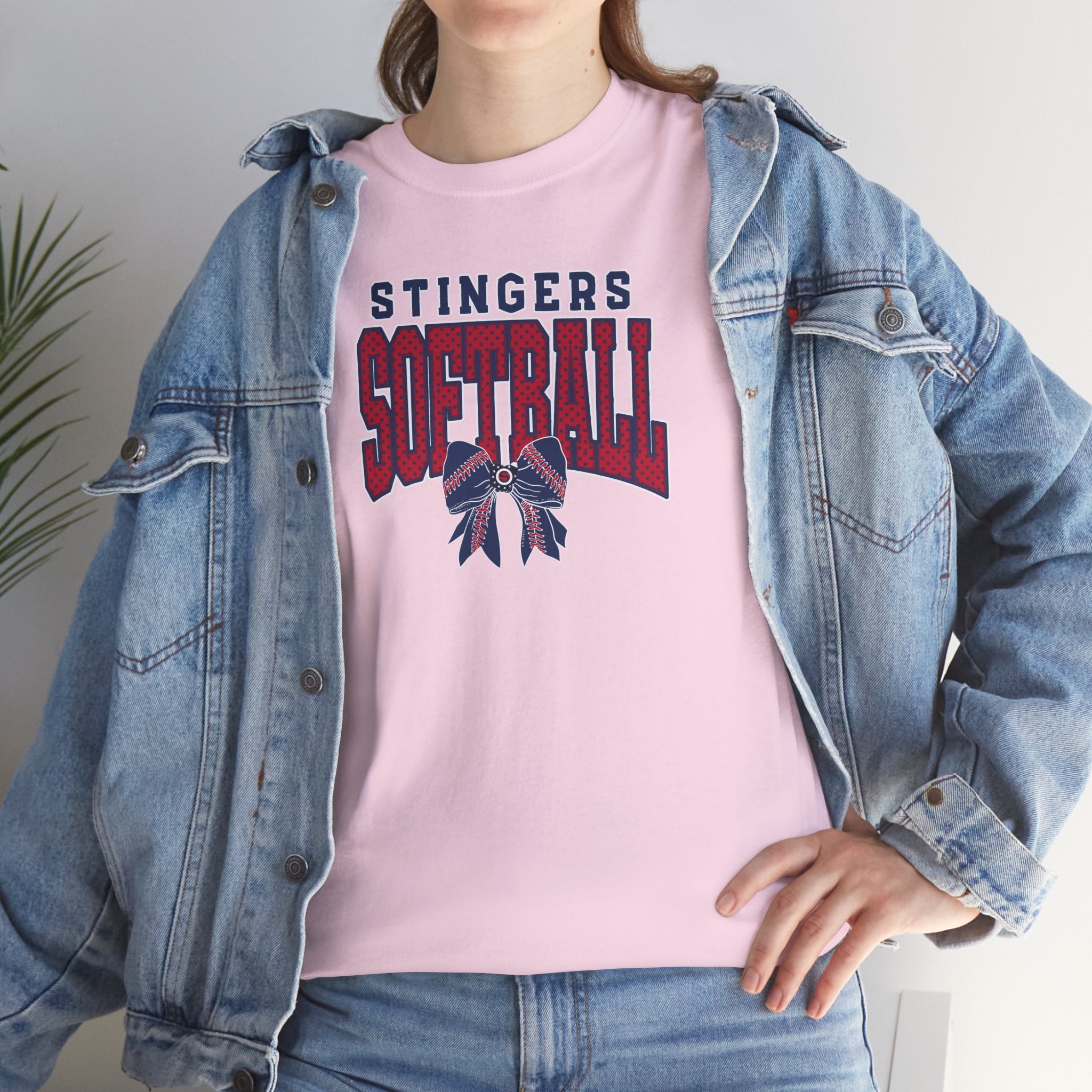 Adult Unisex Stingers Softball Stitched Bow Graphic Short Sleeve Gildan Heavy Tee