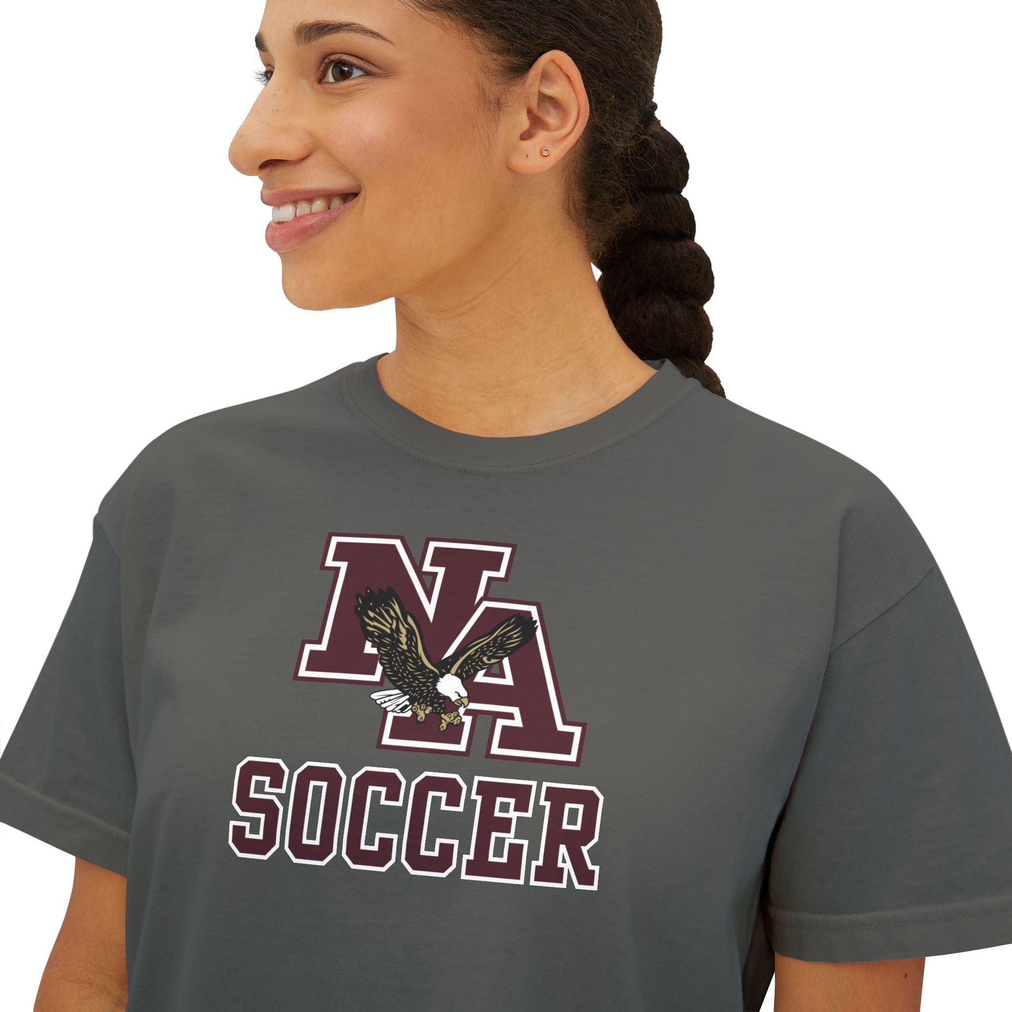 Women's New Albany Classic Maroon Soccer Logo Graphic Boxy Crop Short Sleeve Tee