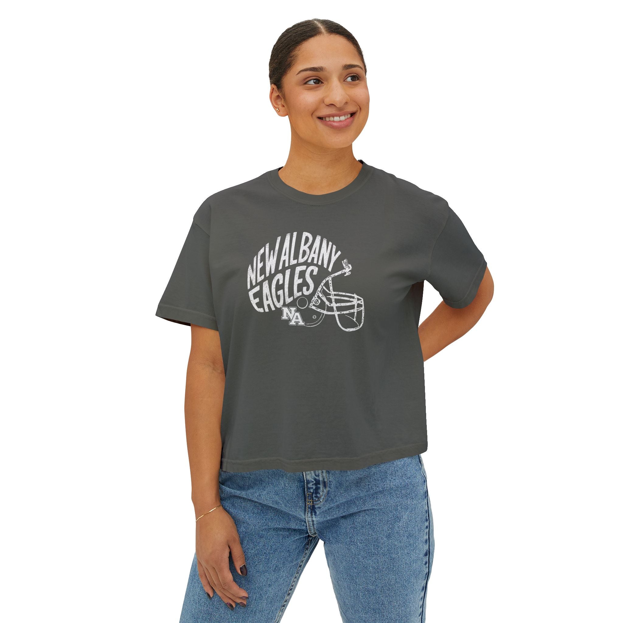 Women's New Albany Vintage Vibes Football Helmet Graphic Boxy Crop Short Sleeve Tee