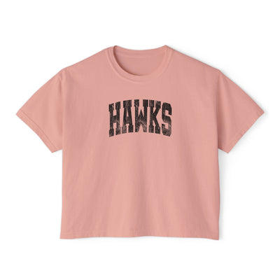 Women's Westerville Central Distressed Oversized Hawks Graphic Boxy Crop Short Sleeve Tee