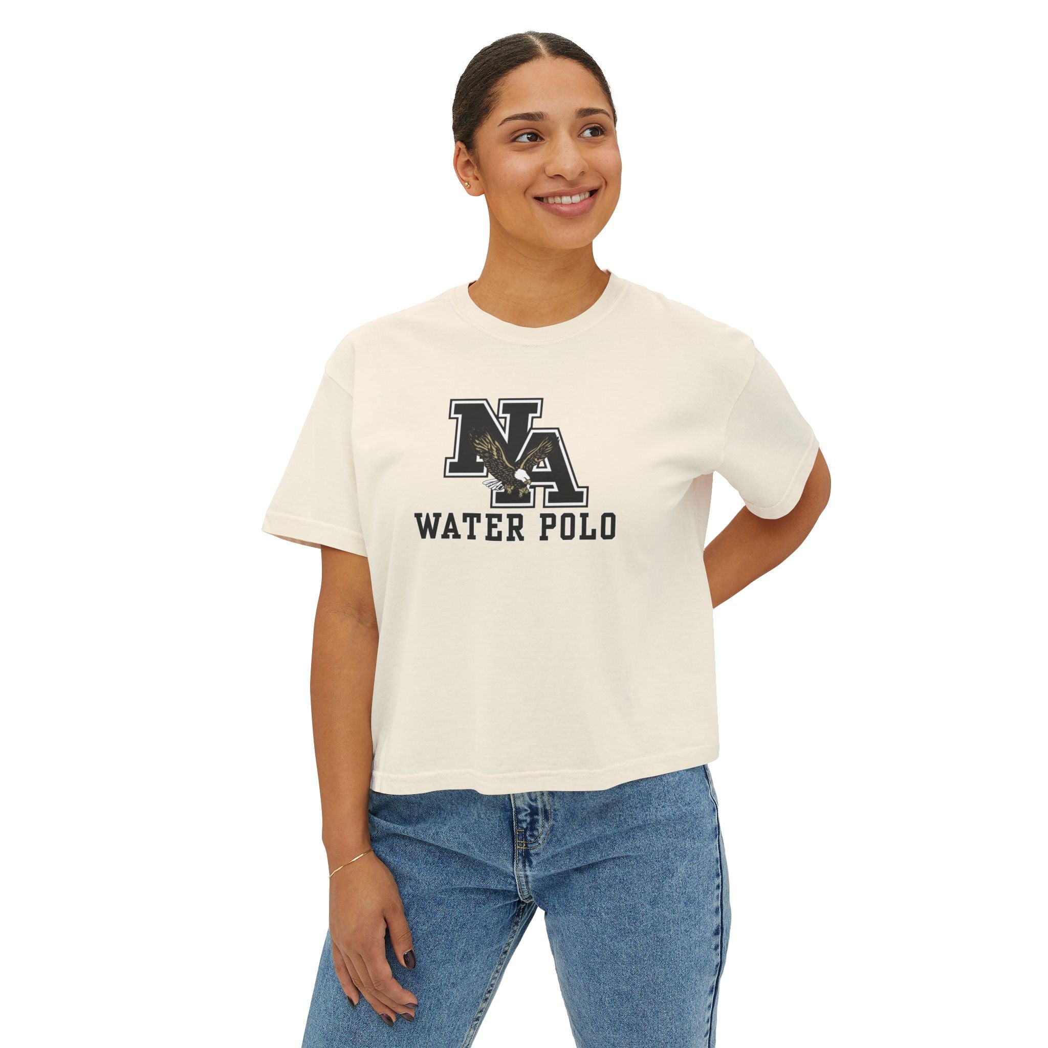 Women's New Albany Water Polo Classic Black Logo Graphic Boxy Crop Short Sleeve Tee