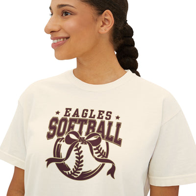 Women's New Albany Eagles Softball Spirit Bow Graphic Boxy Crop Short Sleeve Tee