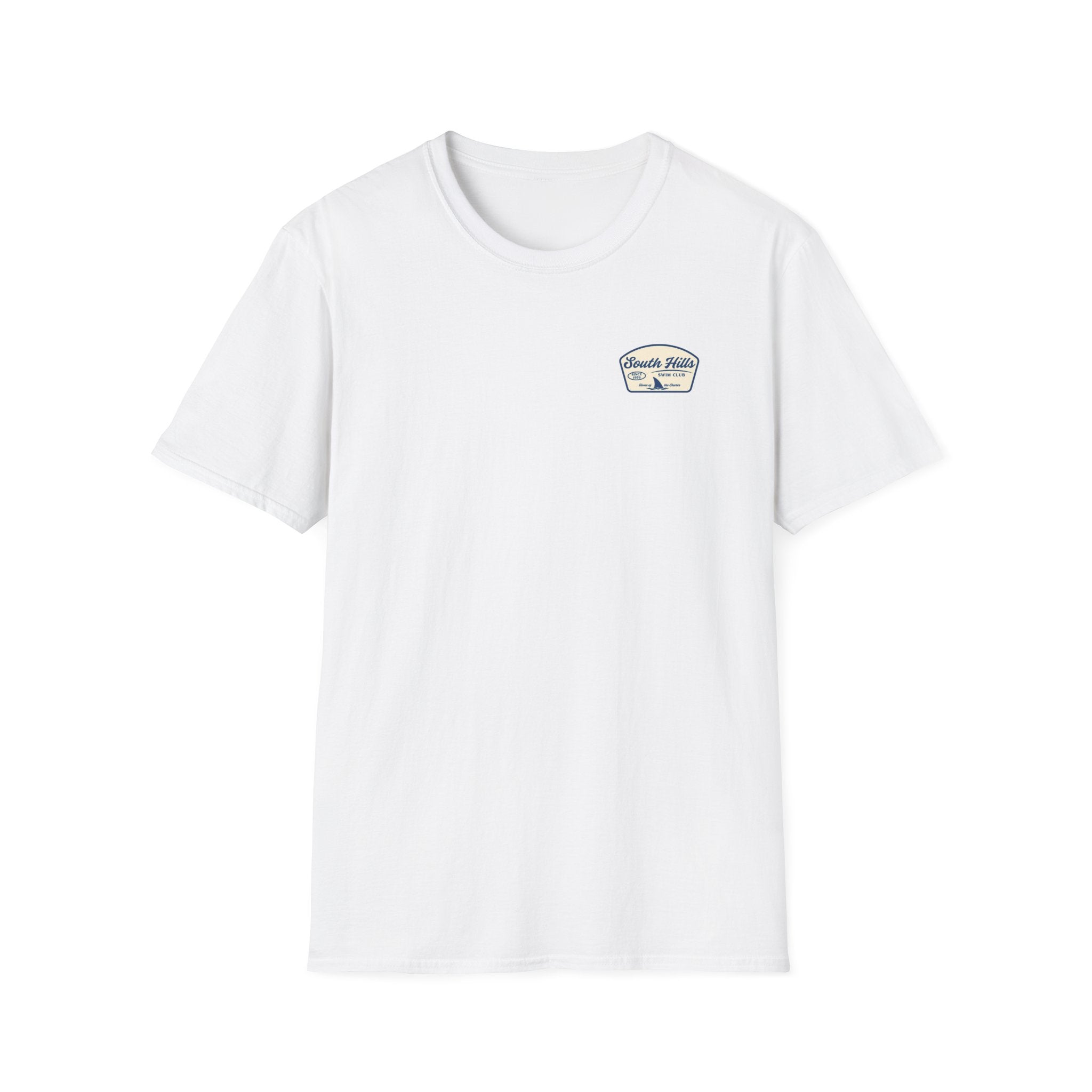 Adult Unisex South Hills Swim Club Home of the Sharks Graphic Short Sleeve Gildan Softstyle Tee