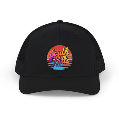 Adult Unisex South Hills Swim Club Sunset Script Graphic Richardson 112 Snapback Trucker Hat