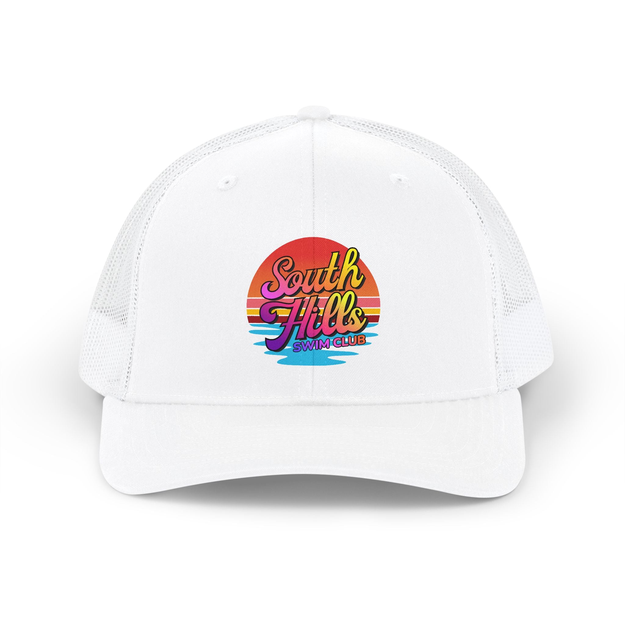 Adult Unisex South Hills Swim Club Sunset Script Graphic Richardson 112 Snapback Trucker Hat