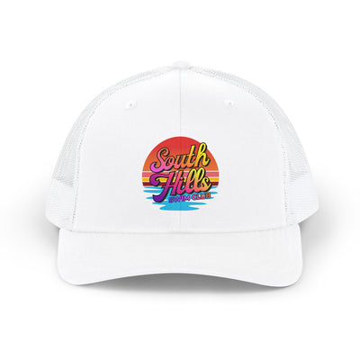 Adult Unisex South Hills Swim Club Sunset Script Graphic Richardson 112 Snapback Trucker Hat