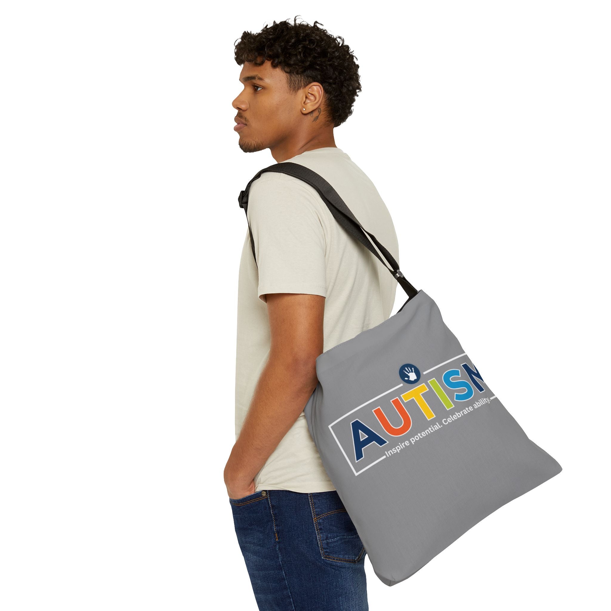 "Autism Inspire Potential Celebrate Ability" Bridgeway Graphic Adjustable Tote Bag