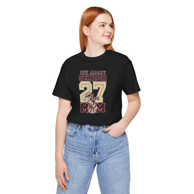 Adult Unisex New Albany 2027 Senior Cheer Mom Graphic Short Sleeve Bella + Canvas Soft Tee
