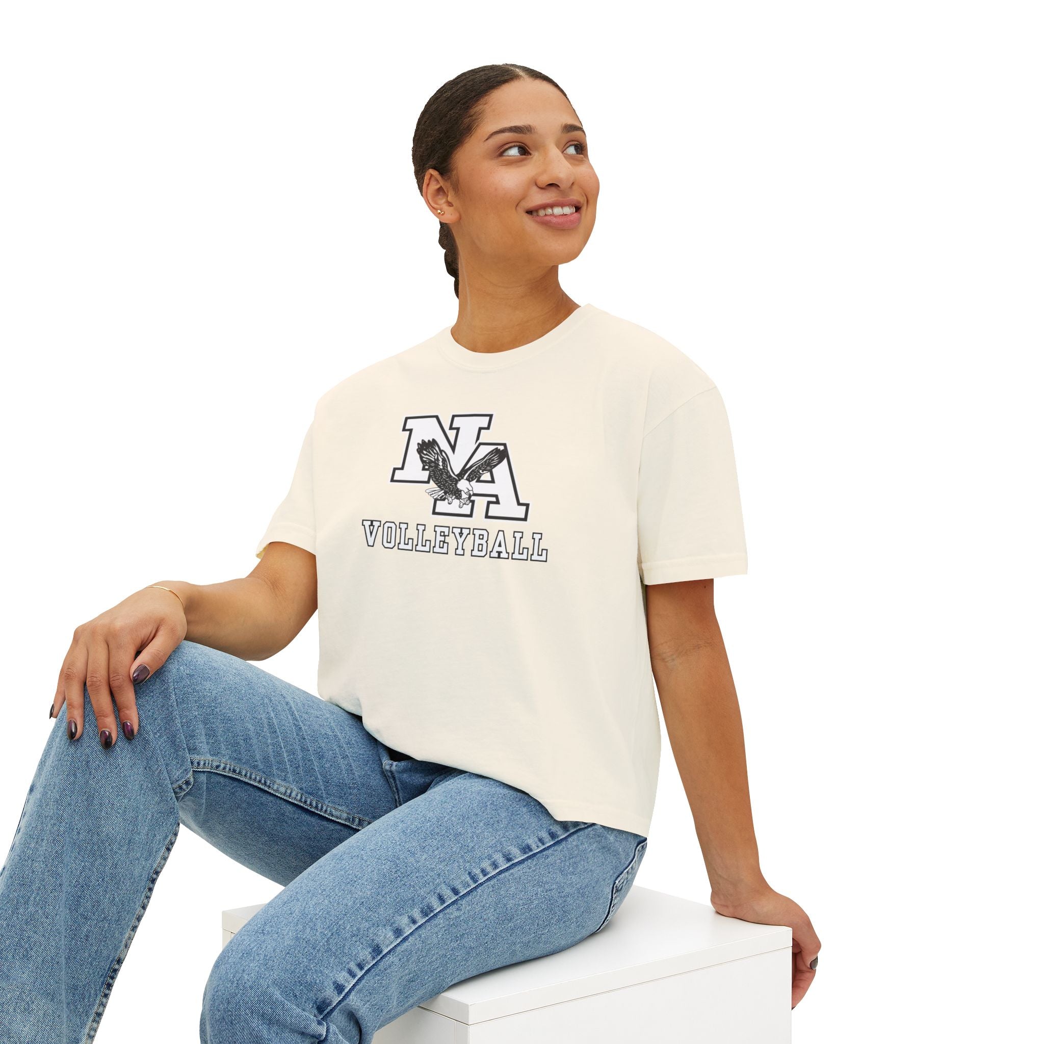 Women's New Albany Volleyball Classic White and Black Logo Graphic Boxy Crop Short Sleeve Tee