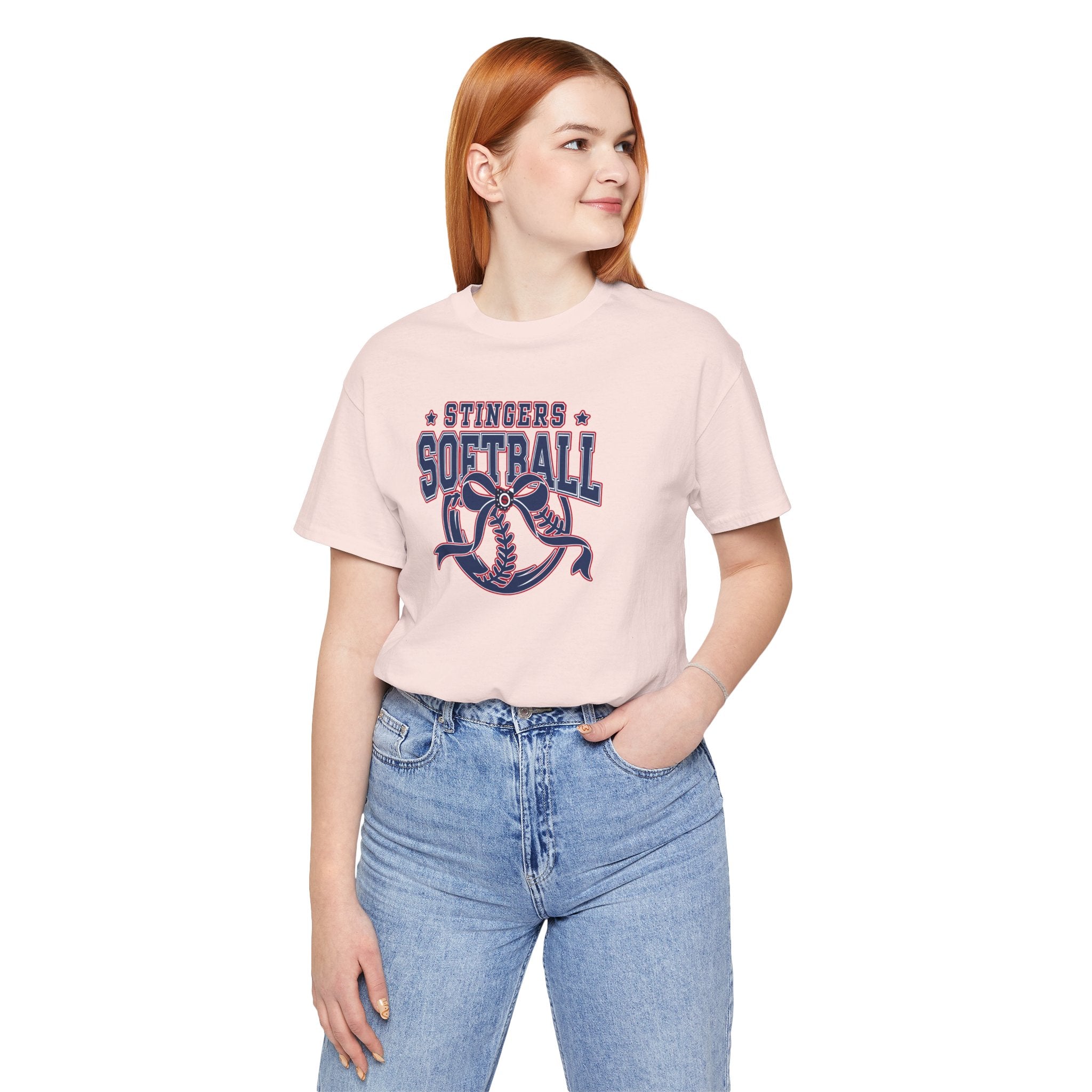 Adult Unisex Stingers Softball Spirit Bow Graphic Short Sleeve Bella + Canvas Soft Tee
