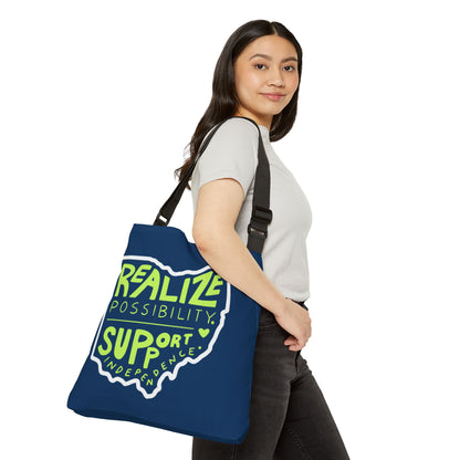 "Realize Possibilities Support Independence" Bridgeway Graphic Adjustable Tote Bag