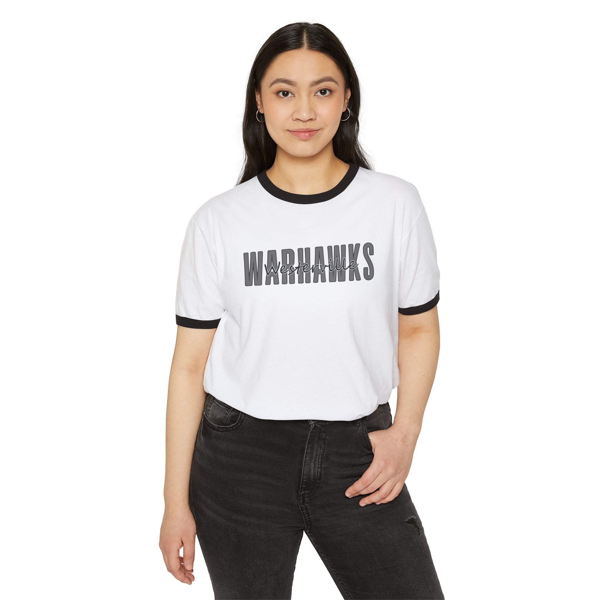 Adult Unisex Westerville Central Warhawks Spirit Script Graphic Short Sleeve Ringer Tee