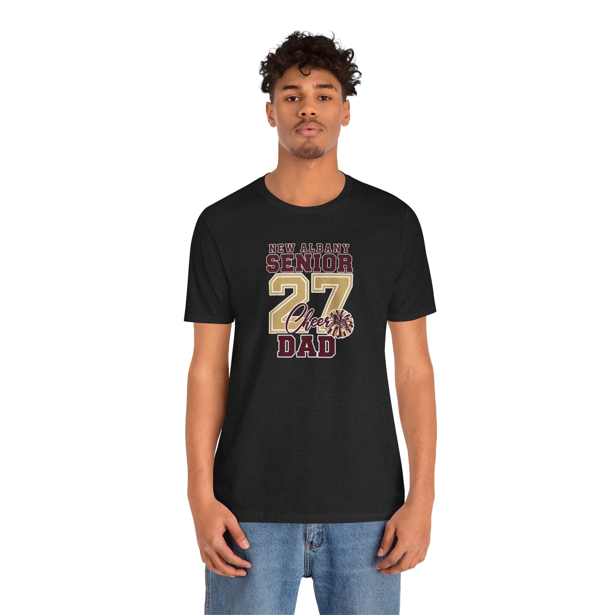 Adult Unisex New Albany 2027 Senior Cheer Dad Graphic Short Sleeve Bella + Canvas Soft Tee