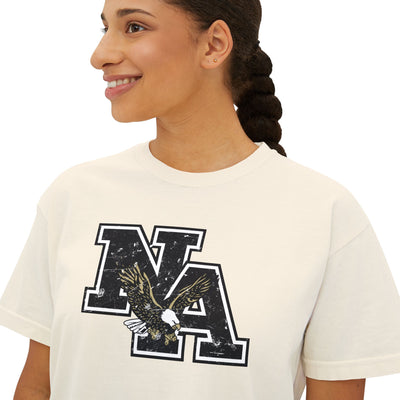 Women's Vintage Distressed Black Logo Boxy Crop Short Sleeve Graphic Tee