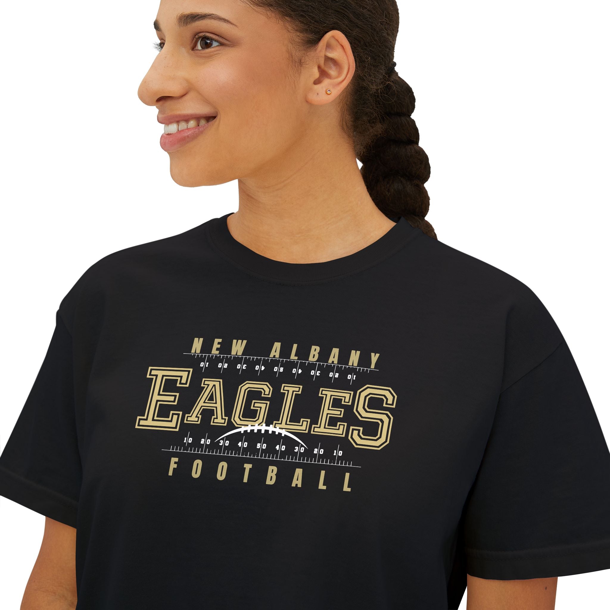 Women's New Albany Football Defend the Field Graphic Boxy Crop Short Sleeve Tee