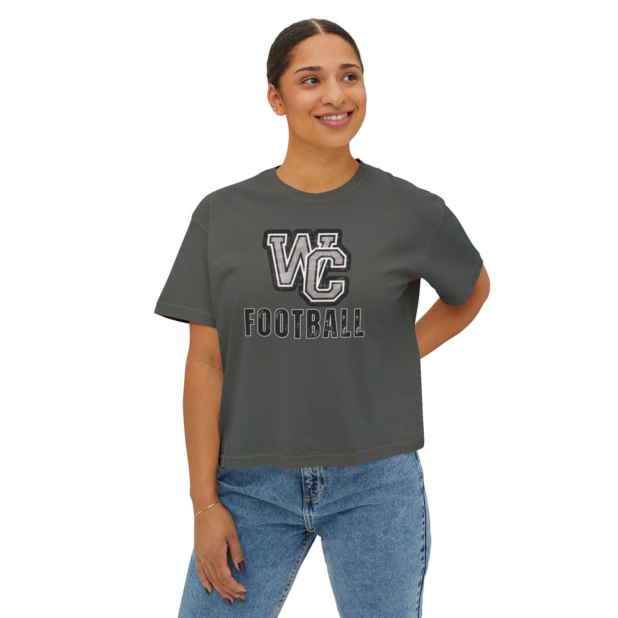 Women's Vintage Distressed Westerville Central Football Graphic Boxy Crop Short Sleeve Tee