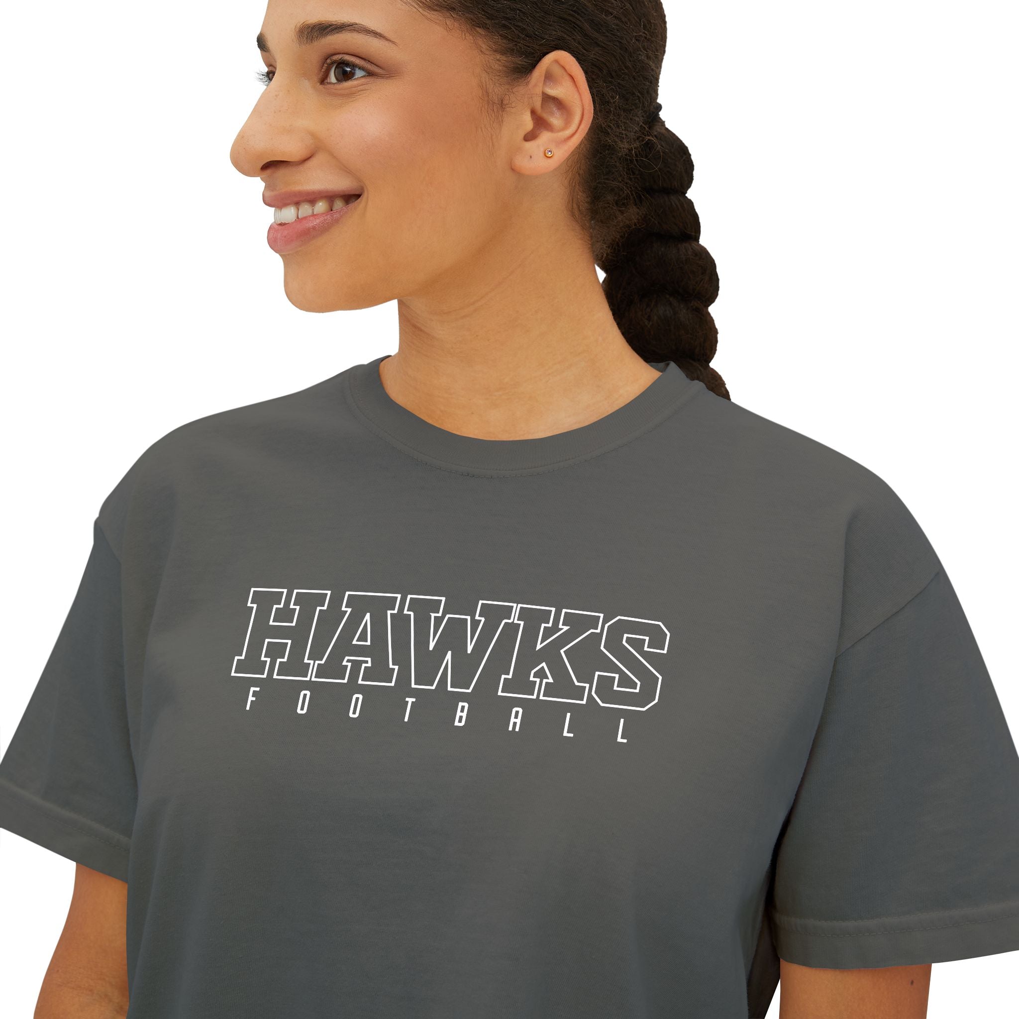 Women's Westerville Central Block Hawks Football Graphic Boxy Crop Short Sleeve Tee