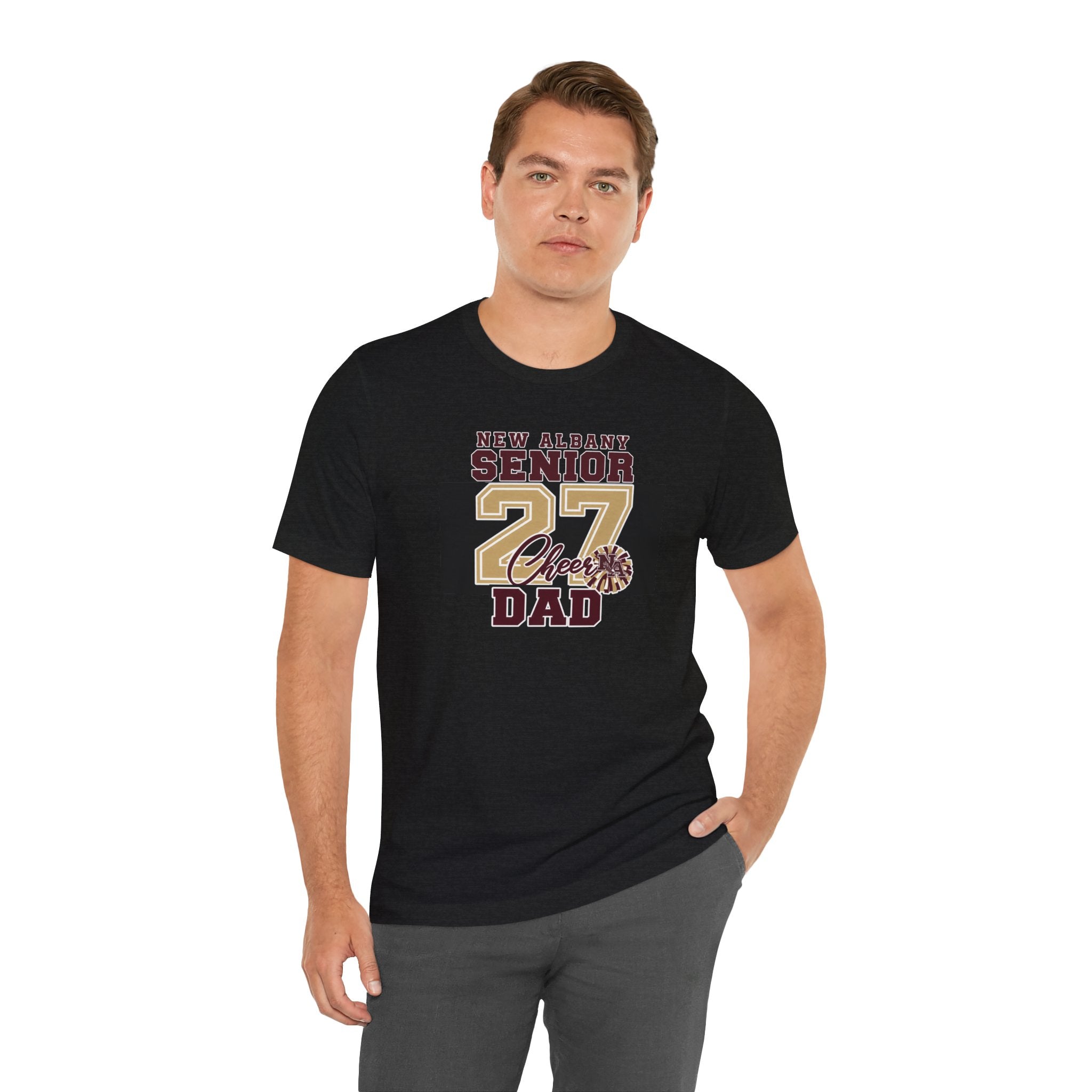 Adult Unisex New Albany 2027 Senior Cheer Dad Graphic Short Sleeve Bella + Canvas Soft Tee
