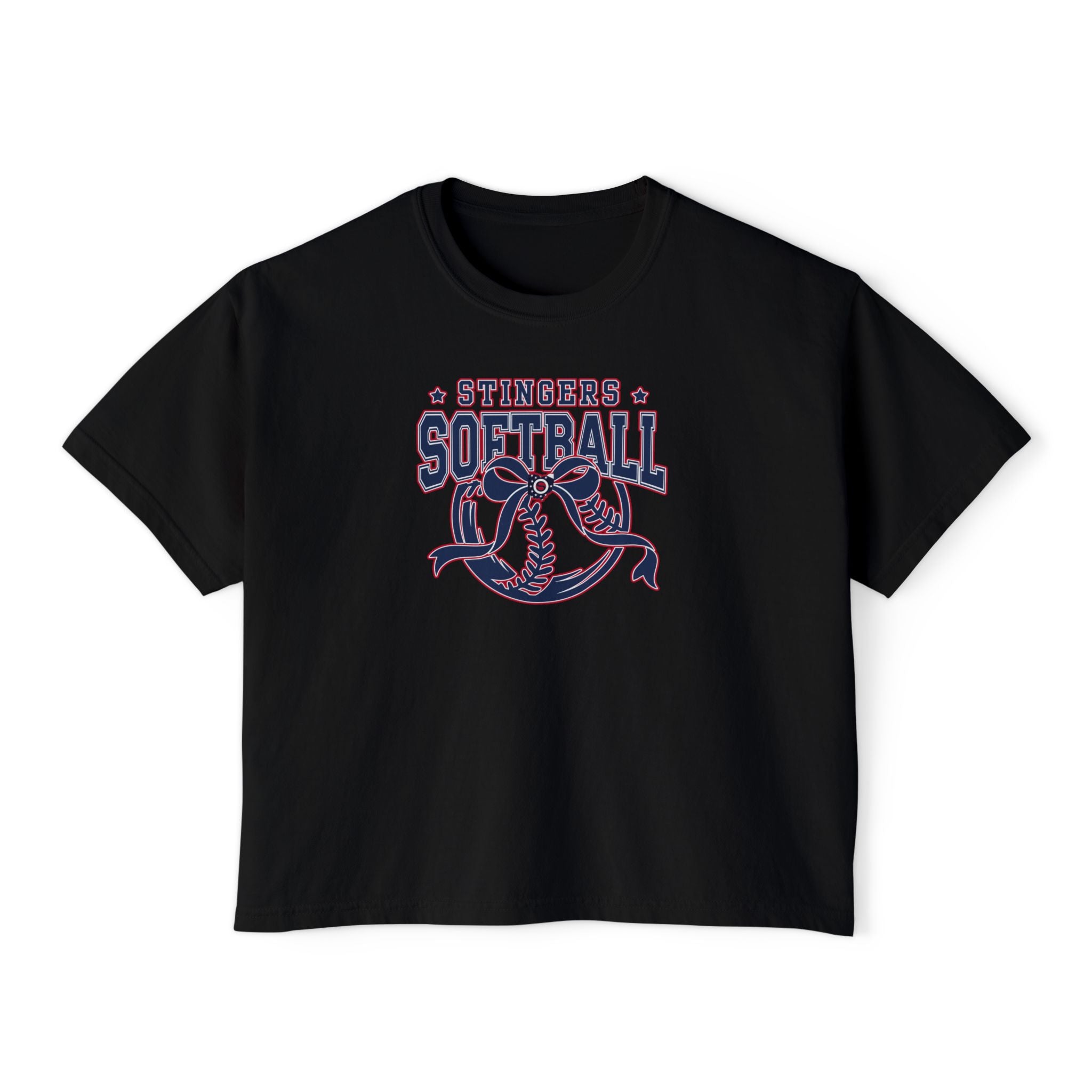 Women's Stingers Softball Spirit Bow Graphic Boxy Crop Short Sleeve Tee