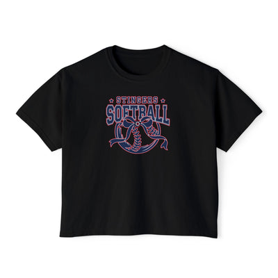 Women's Stingers Softball Spirit Bow Graphic Boxy Crop Short Sleeve Tee