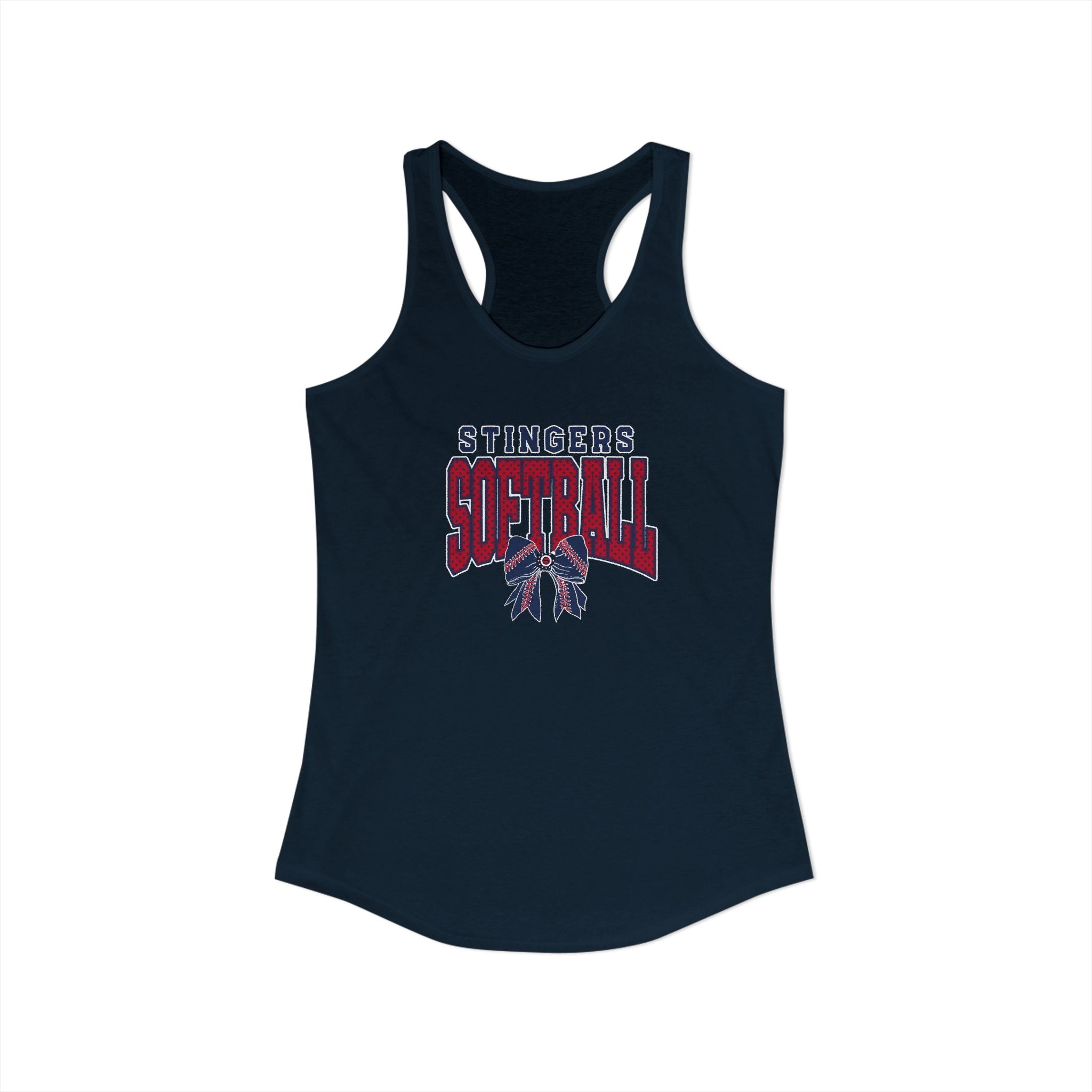 Women's Stingers Softball Stitched Bow Graphic Next Level Racerback Tank