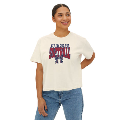 Women's Stingers Softball Stitched Bow Graphic Boxy Crop Short Sleeve Tee