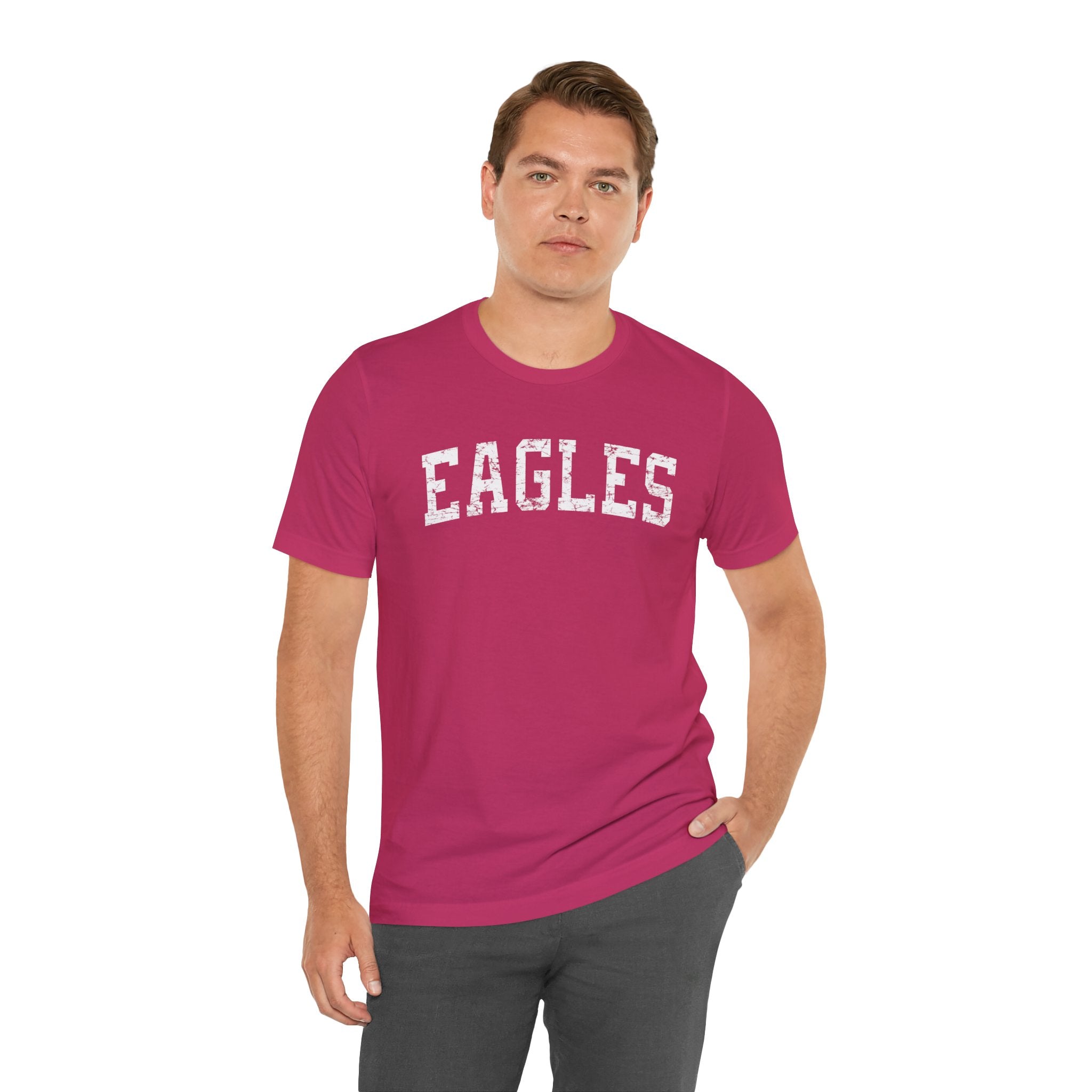 Adult Unisex Distressed Eagles Graphic Short Sleeve Soft Tee - PINK OCTOBER