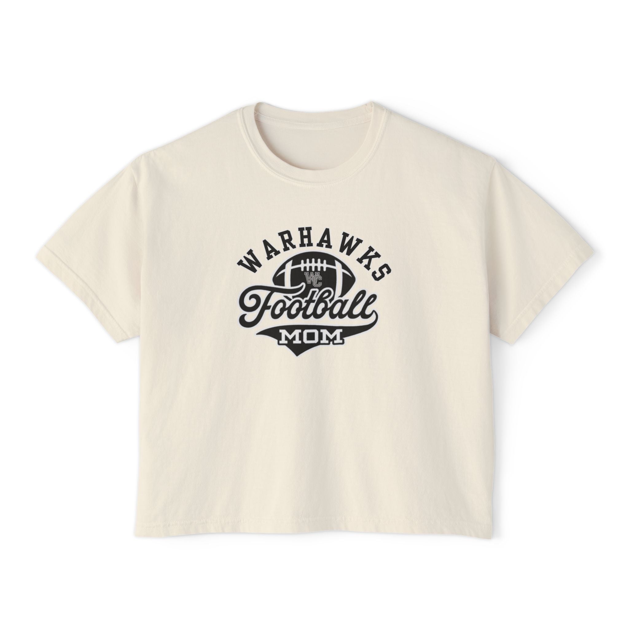 Women's Warhawks Spirit Script Football Mom Graphic Boxy Crop Short Sleeve Tee