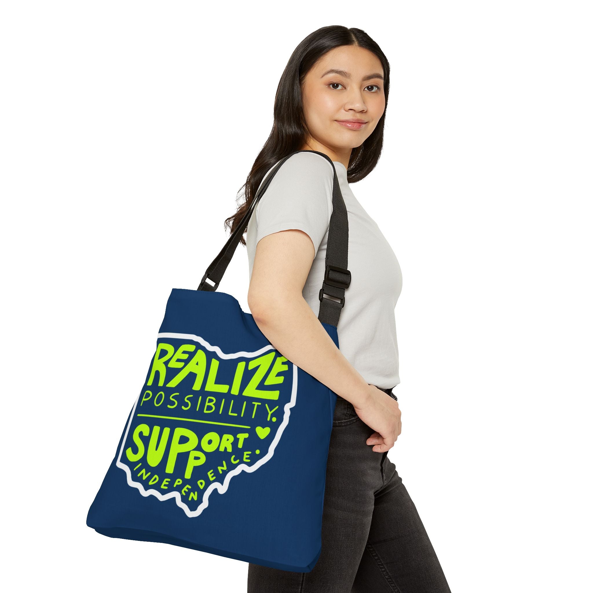 "Realize Possibility Support Independence" Bridgeway Graphic Adjustable Tote Bag