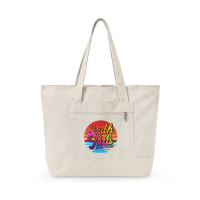 South Hills Swim Club Sunset Script Graphic Large Zippered Canvas Tote