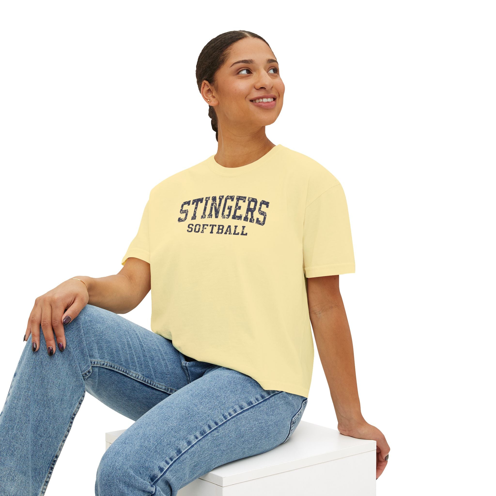 Women's Stingers Softball Vintage Distressed Graphic Boxy Crop Short Sleeve Tee