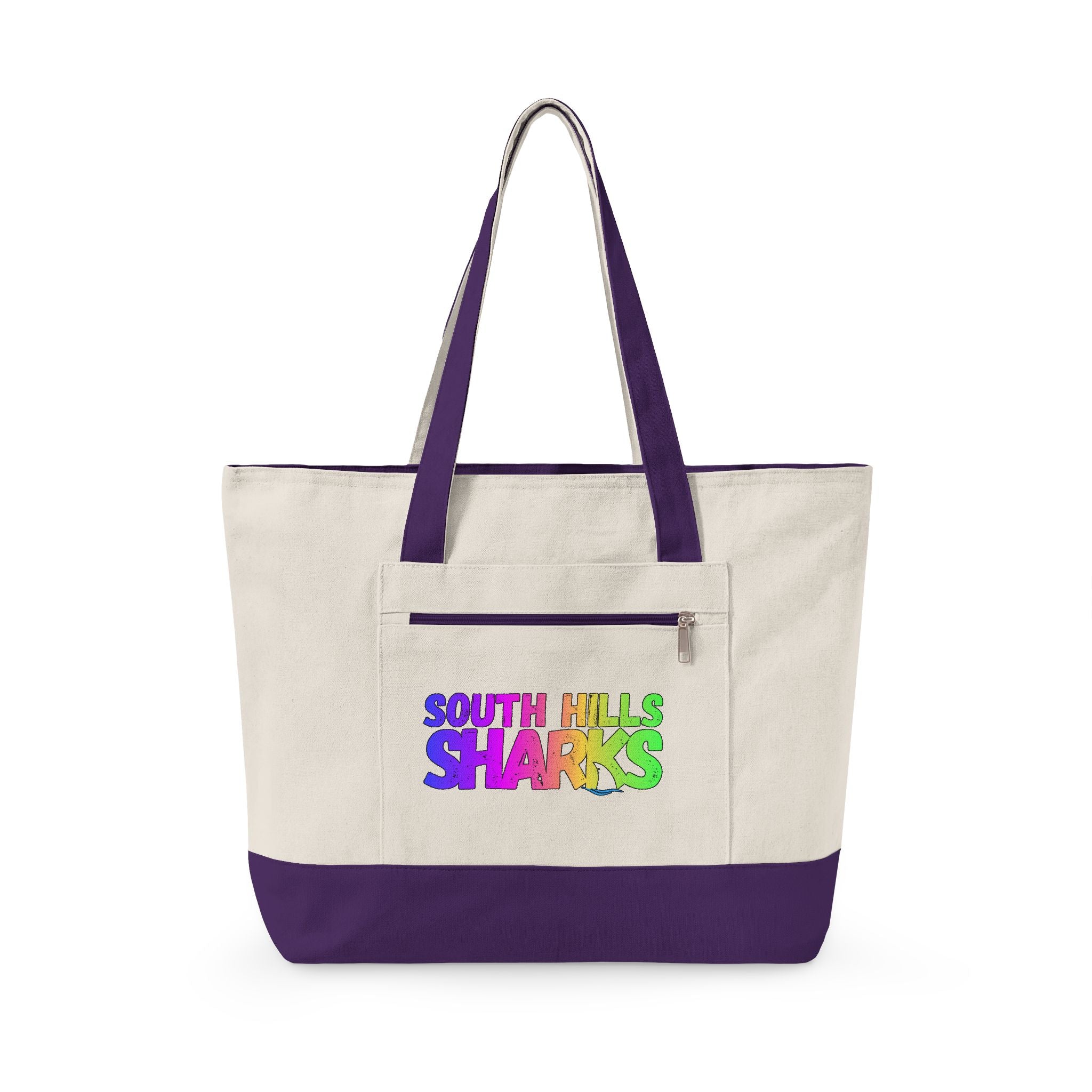 South Hills Sharks Neon Rainbow Graphic Large Zippered Canvas Tote