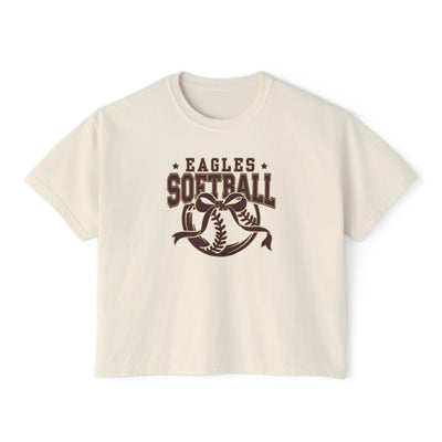 Women's New Albany Eagles Softball Spirit Bow Graphic Boxy Crop Short Sleeve Tee