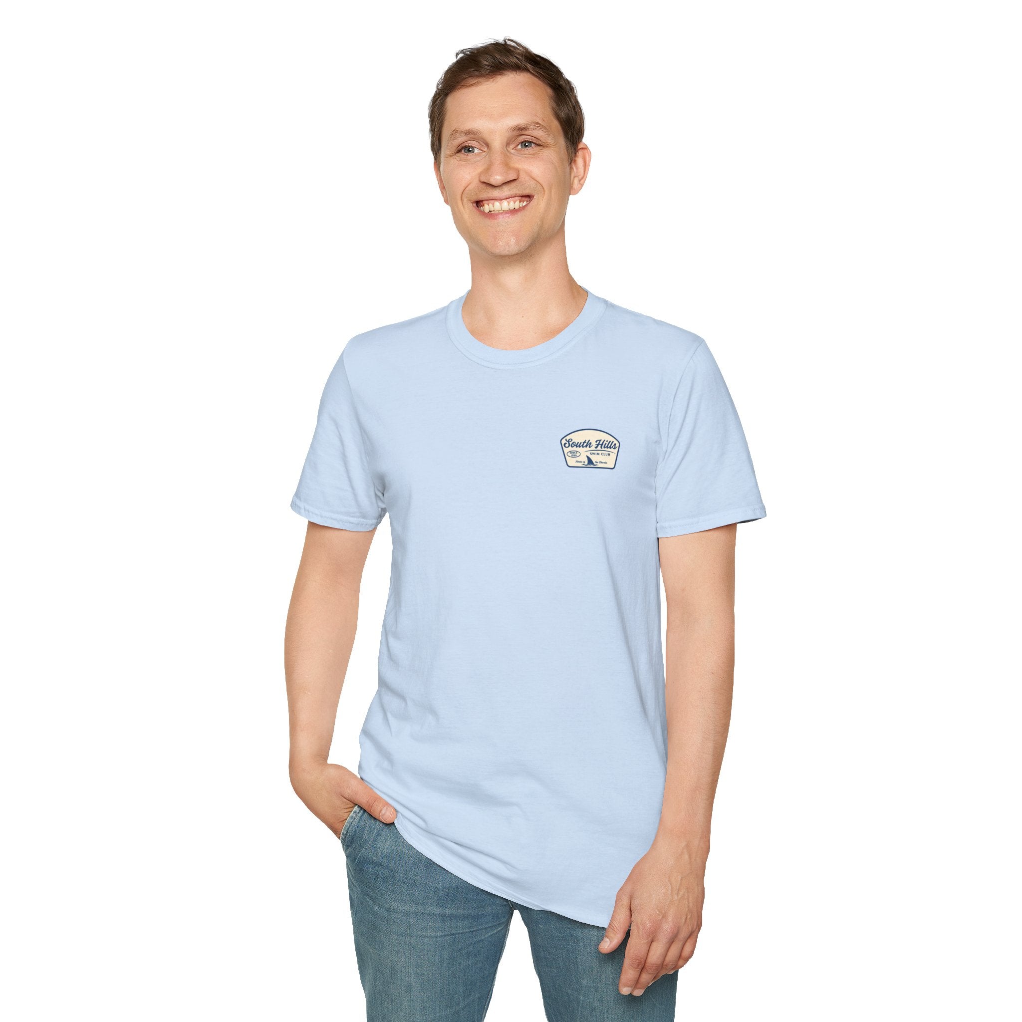 Adult Unisex South Hills Swim Club Home of the Sharks Graphic Short Sleeve Gildan Softstyle Tee