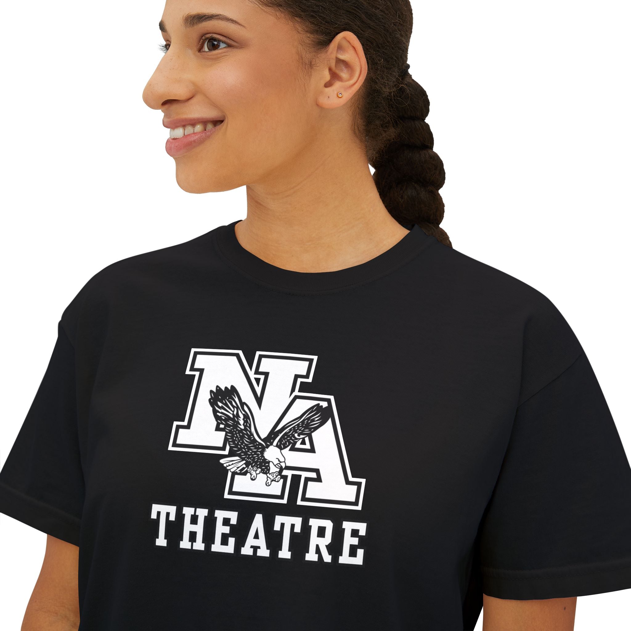 Women's White/Black Classic NA Theatre Logo Graphic Boxy Crop Short Sleeve Tee