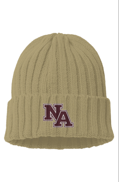 Cable Knit Beanie with Maroon NA Embroidered Logo