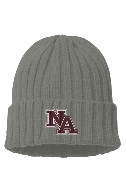 Cable Knit Beanie with Maroon NA Embroidered Logo