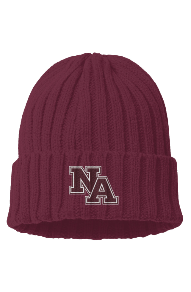 Cable Knit Beanie with Maroon NA Embroidered Logo