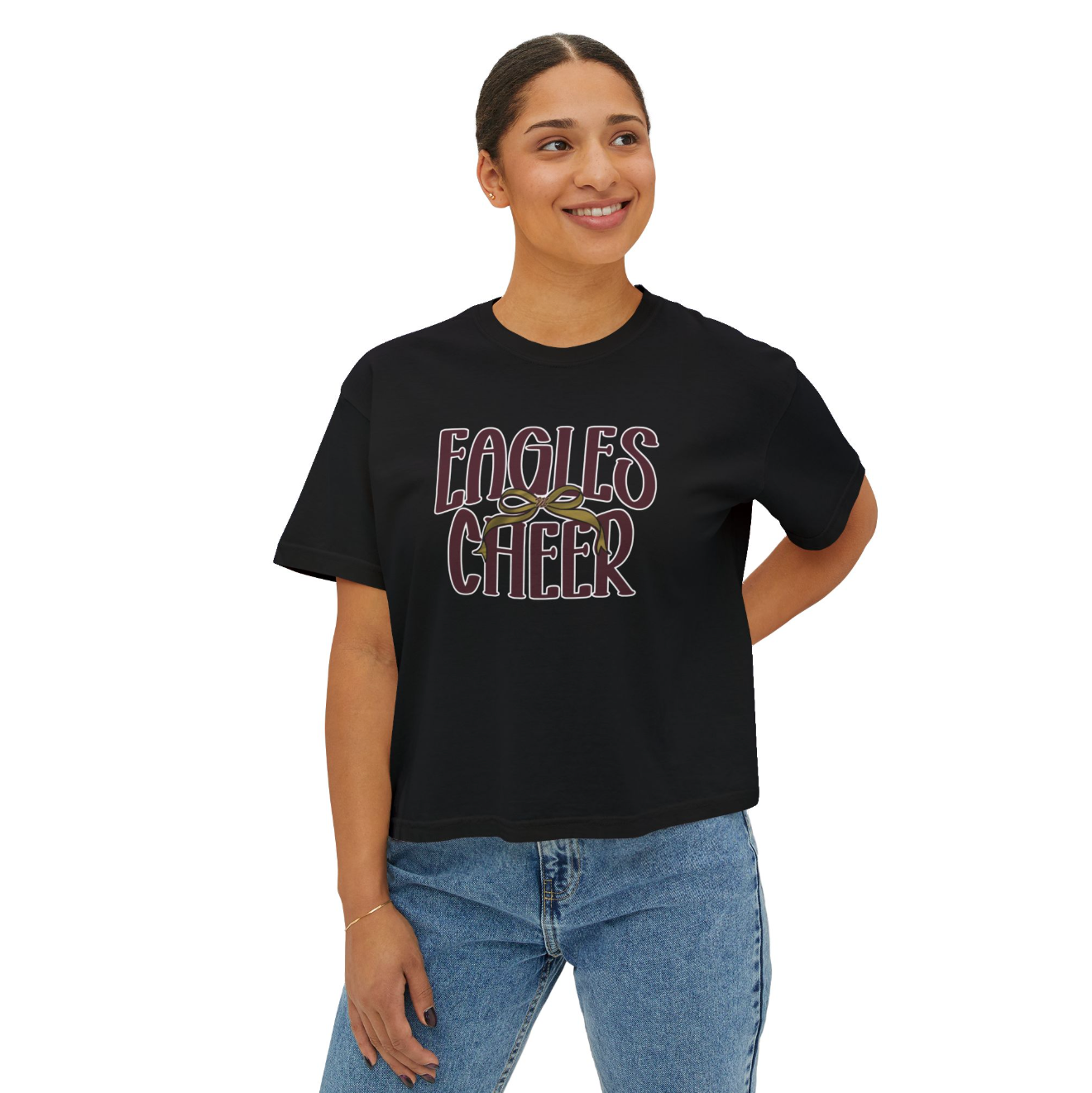 Women's Eagles Cheer Bow Graphic Boxy Crop Short Sleeve Tee