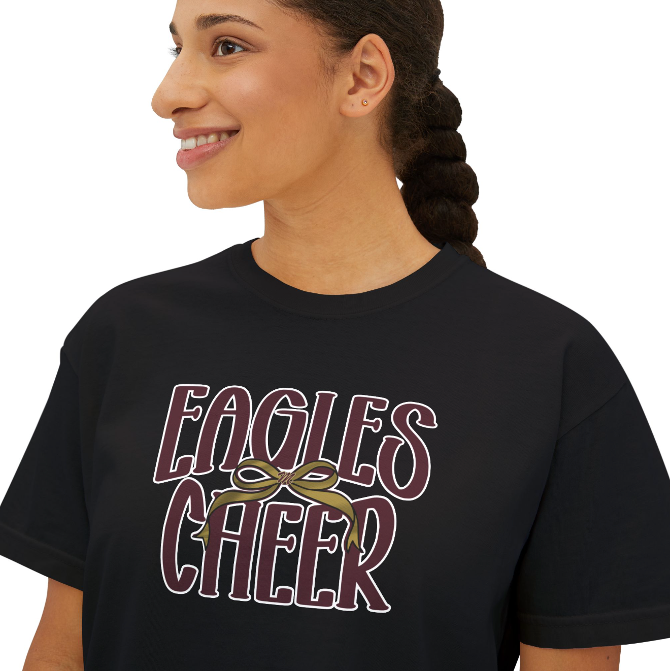 Women's Eagles Cheer Bow Graphic Boxy Crop Short Sleeve Tee