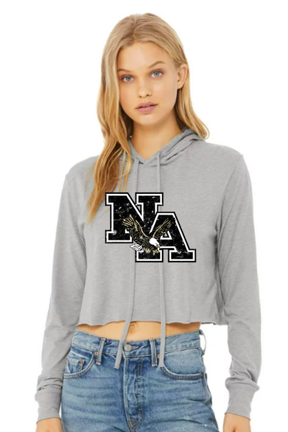 Women’s Super Soft Cropped Black Vintage Distressed Logo Long Sleeve Hooded Tee