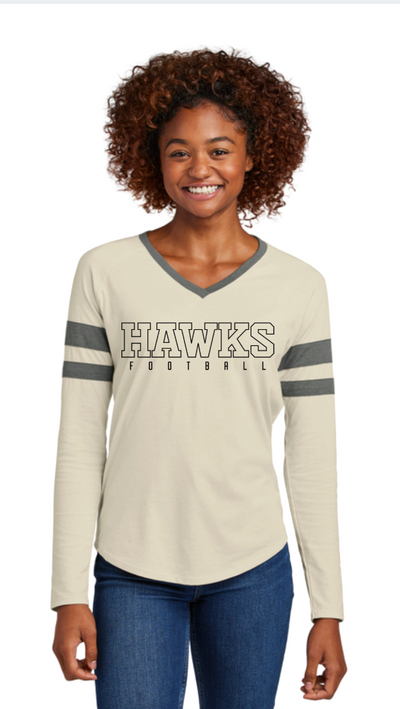 Women's Westerville Central Block Hawks Football Graphic Halftime Stripe V-Neck Tee