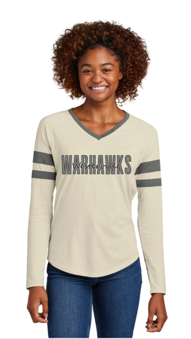 Women's Westerville Central Warhawks Spirit Script Graphic Halftime Stripe V-Neck Tee