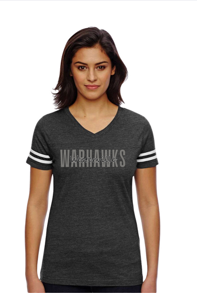 Women's Westerville Central Warhawks Spirit Script Graphic Football V-Neck Jersey Tee